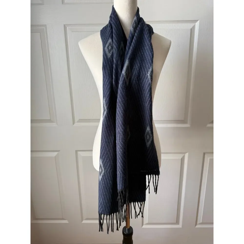 Perry Ellis Cashmere Feel Gray Diamond Pattern Scarf Fringe 66 x 12 Cozy Preppy